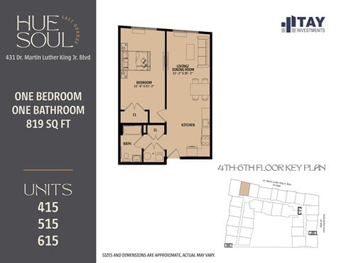 Floor plan for 1 bed, 1 bath, 819 sqft